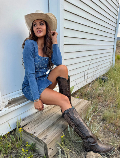 Corral Black & Honey Floral Embroidery Tall Top Cowgirl Boots