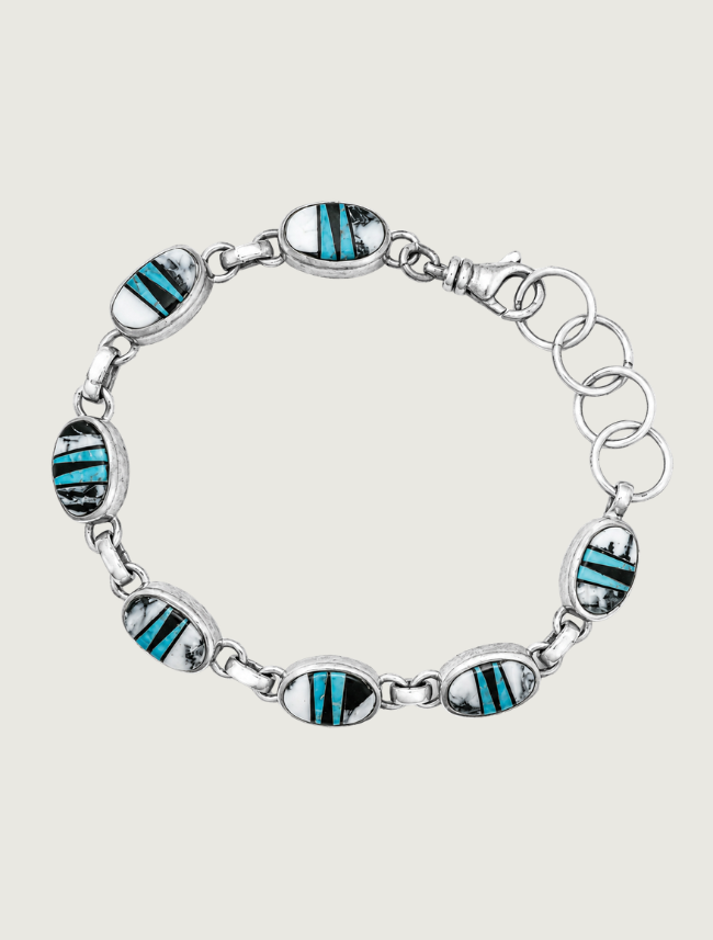 Sterling Silver Multi Inlay Link Bracelet