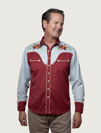 Model wearing Scully poinsettia embroidered two-tone western shirt, front view