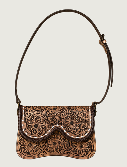 Mavericks Brown Tooled Leather Saddle Bag with Braided Trim