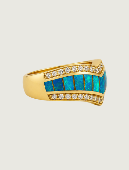 14K Yellow Gold Chevron Opal & Diamond Ring