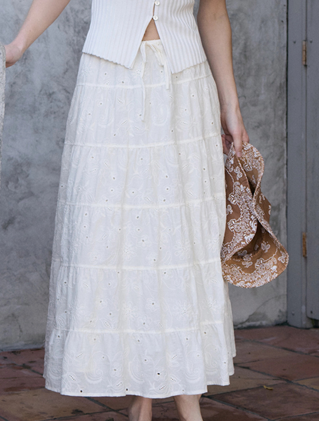 Raisonnel Tiered Eyelet Cotton Maxi Skirt