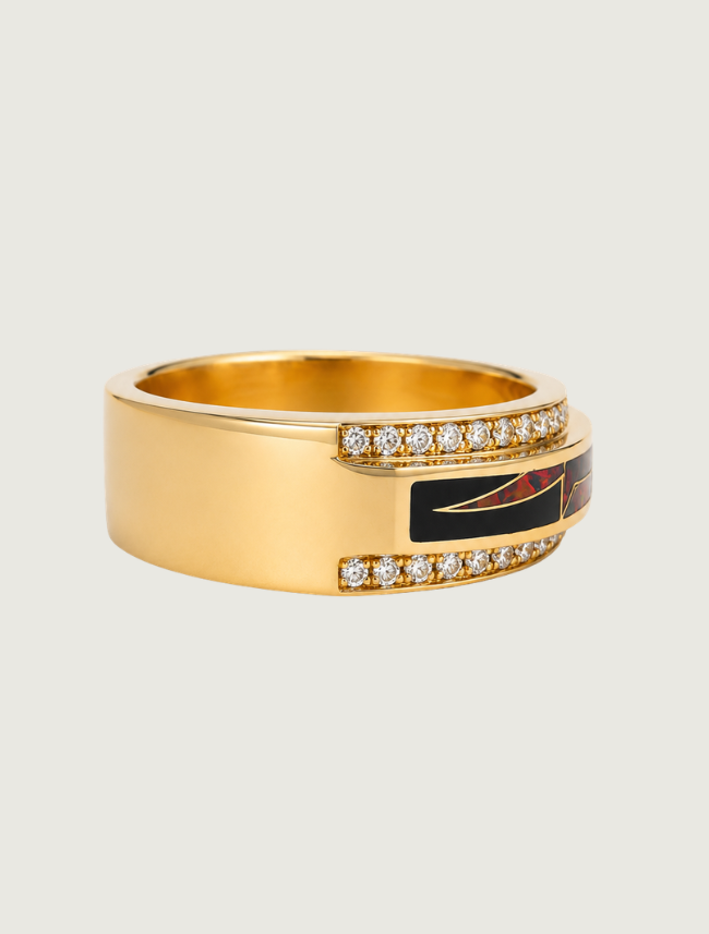 14K Yellow Gold Diamond, Black Jade, & Fire Opal Ring
