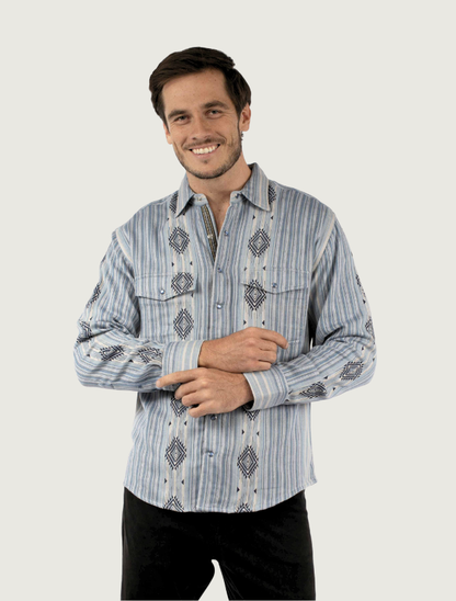 Model wearing Scully diamond and stripe woven western shirt, front view