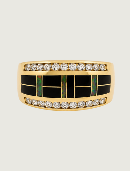 14K Yellow Gold Diamond, Black Jade, & Fire Opal Ring