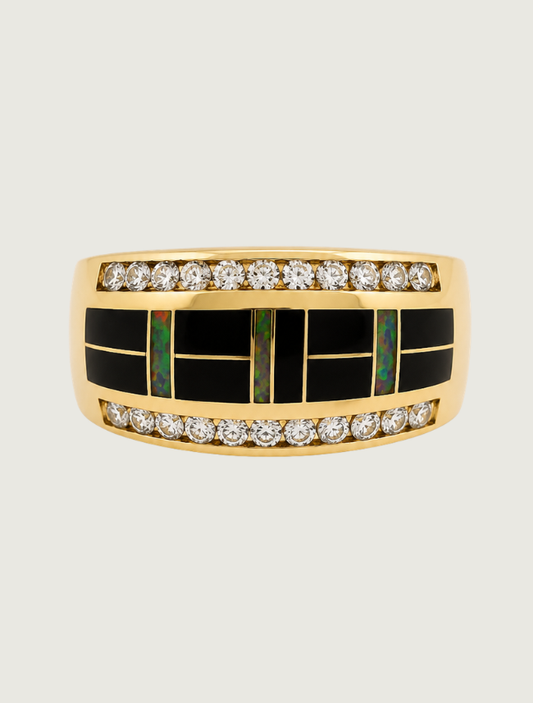 14K Yellow Gold Diamond, Black Jade, & Fire Opal Ring