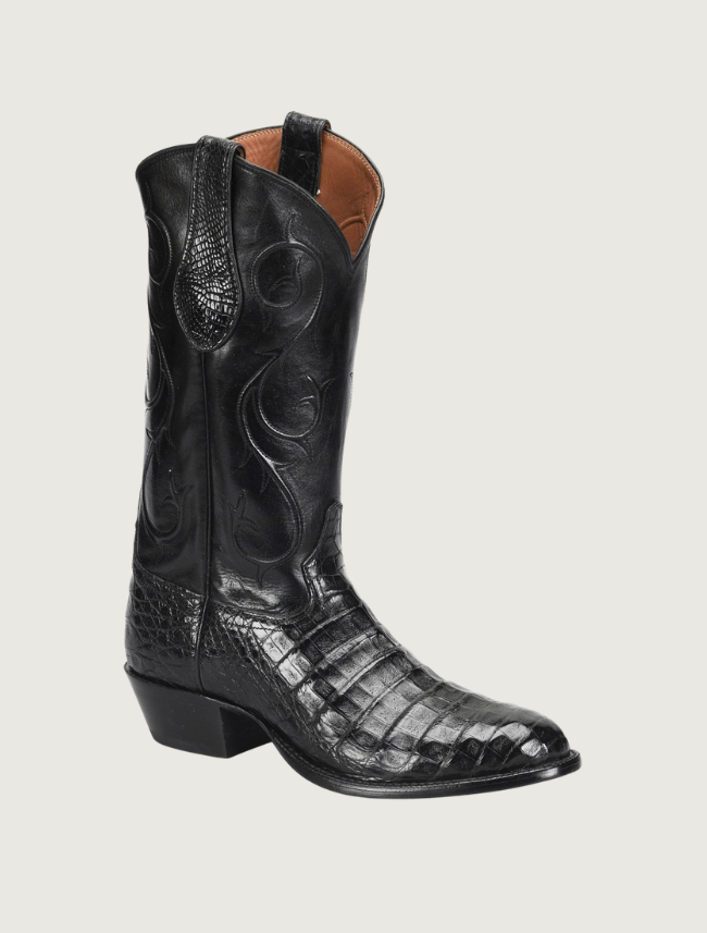 Tony Lama Agustin black caiman cowboy boot — quarter view