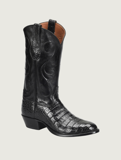 Tony Lama Agustin black caiman cowboy boot — quarter view