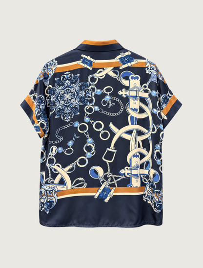 Look Mode Women's Navy Satin Chain Print Shirt