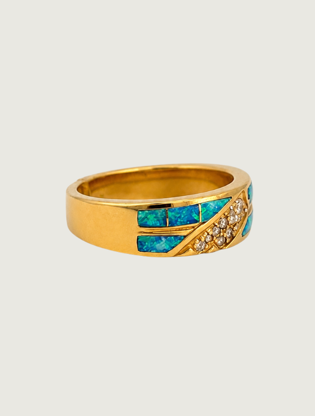 14K Yellow Gold Opal Inlay & Diamond Ring