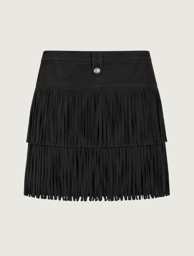 Rock & Roll Denim Fringe Microsuede Skirt