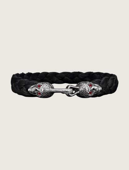 William Henry Braided Deerskin Bracelet with Sterling Silver & Ruby 'Sugar Skull' End Caps