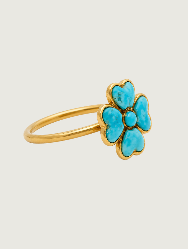 14K yellow gold Sleeping Beauty turquoise flower ring, quarter view
