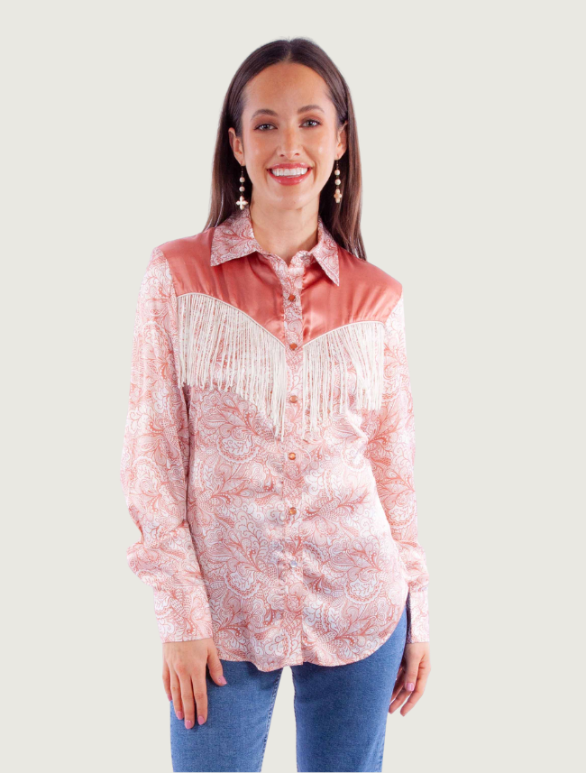 Scully Women's Peach Paisley Fringe Yoke Snap Front Shirt