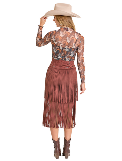 Rock & Roll Denim Midi Microsuede Fringe Skirt