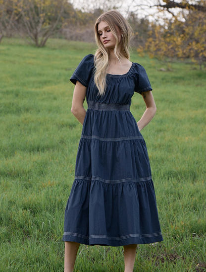 Raisonnel Navy Smocked Waist Tiered Midi Dress