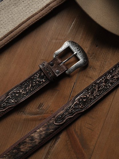 Stetson Men's Hair-on-Hide Tooled Tab Belt in Vintage Brown
