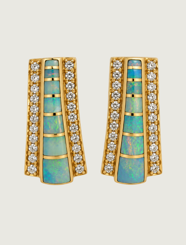 14K Yellow Gold Opal Inlay & Diamond Earrings