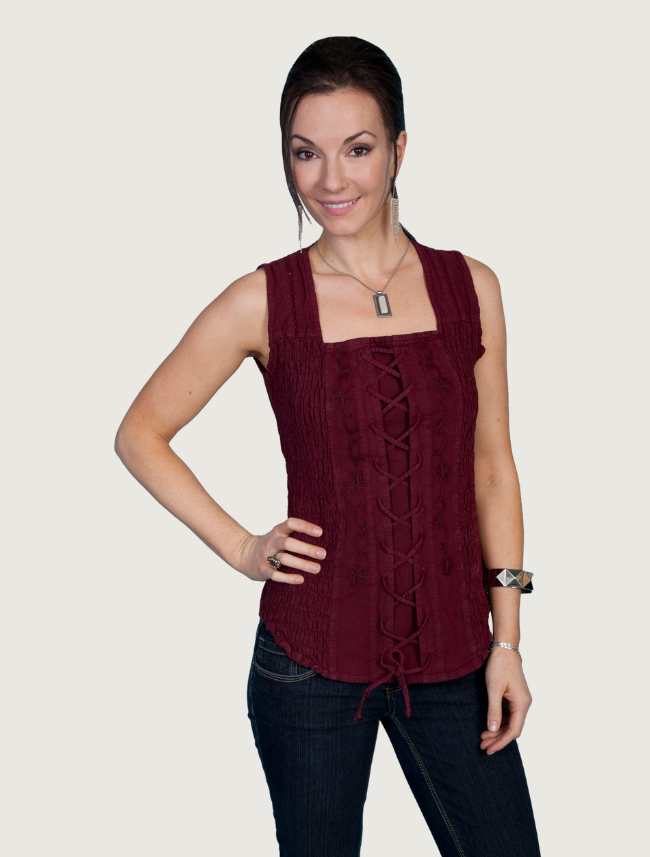 Scully Women's Burgundy Soutache Lace Up Tank Top