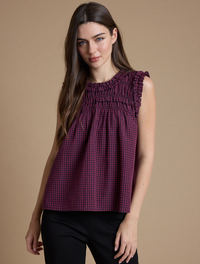 Raisonnel Smocked Ruffle Gingham Sleeveless Top