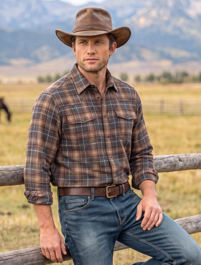 Madison Creek Bisley Western Shirt in Grey & Brown Plaid