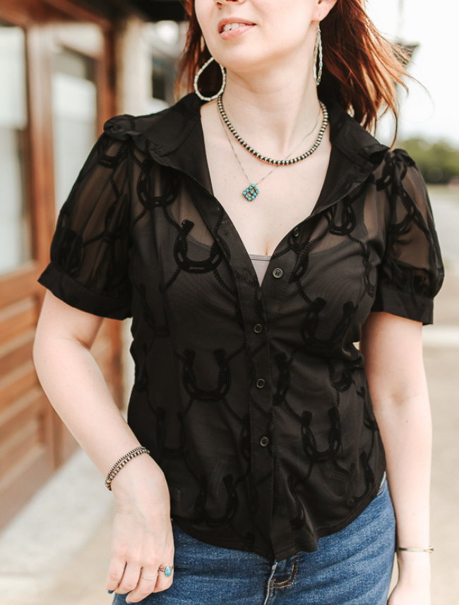 Lucky & Blessed Black Horseshoe Burnout Mesh Puff Sleeve Shirt