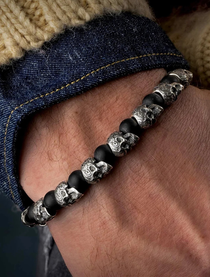 William Henry 'Shaman' Beaded Bracelet with Black Onyx and Sculpted Sterling Silver Skulls