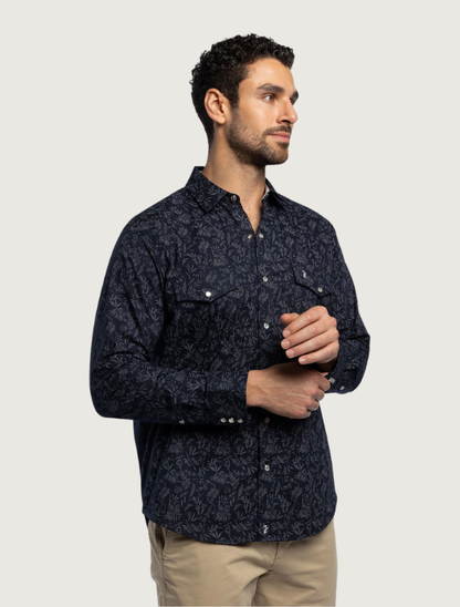 Tony Lama Navy Botanical Print Pearl Snap Western Shirt