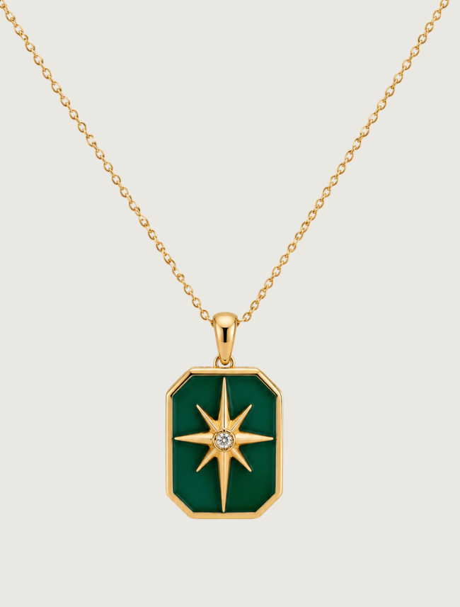 18K Yellow Gold Green Enamel & Diamond Necklace