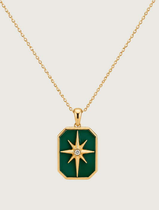 18K Yellow Gold Green Enamel & Diamond Necklace