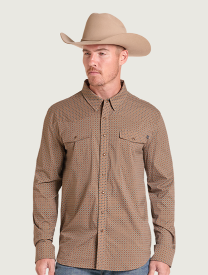 Rock & Roll Denim Men's Micro Geo Print TEK Core Long Sleeve Shirt in Camel