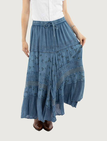 Scully Women's Blue Embroidered Multi Panel Tiered Skirt