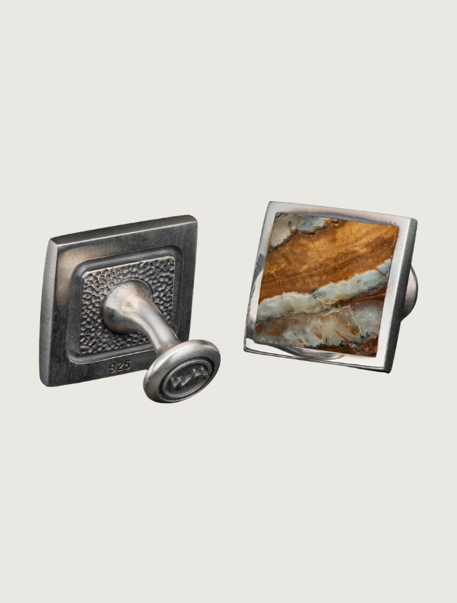 William Henry 'Brown Mammoth Duo' Sterling Silver Cufflinks with Brown Wooly Mammoth Tooth Fossil Inlay