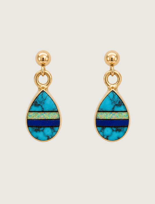 14K Yellow Gold Turquoise & Opal Inlay Earrings