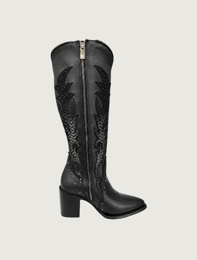Cuadra Black Embroidery & Studs Zippered Cowgirl Boots