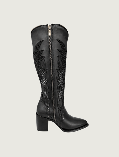 Cuadra Black Embroidery & Studs Zippered Cowgirl Boots