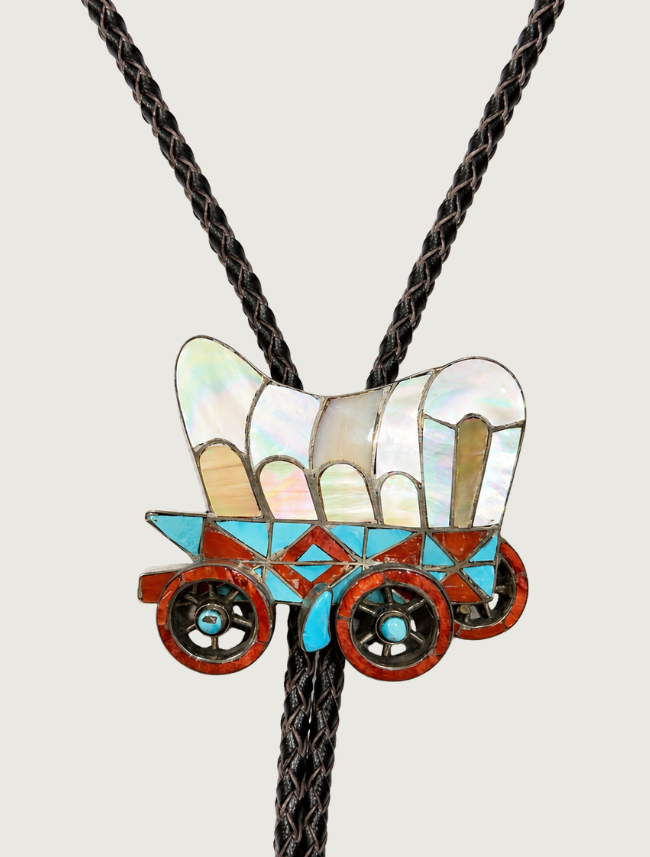 H.L. Zunie Sterling Silver Covered Wagon Bolo Tie with Multi-Stone Inlay