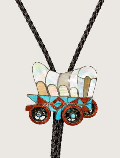 H.L. Zunie Sterling Silver Covered Wagon Bolo Tie with Multi-Stone Inlay