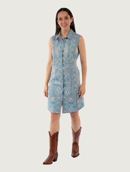 Scully Women's Blue Embroidered Sleeveless Button Front Dress