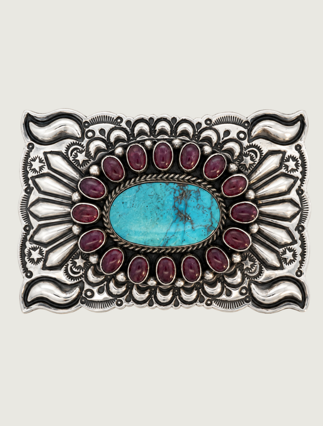Kingman Turquoise & Purple Spiny Oyster Shell Silver Belt Buckle