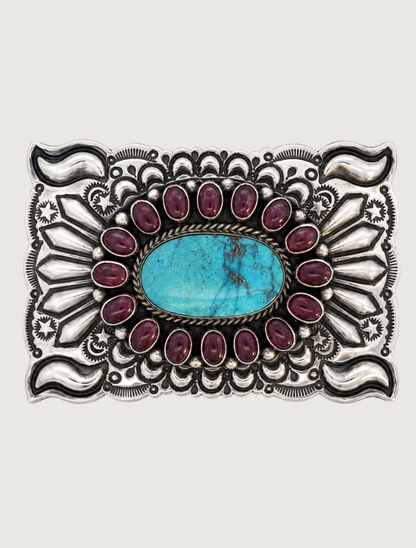 Kingman Turquoise & Purple Spiny Oyster Shell Silver Belt Buckle