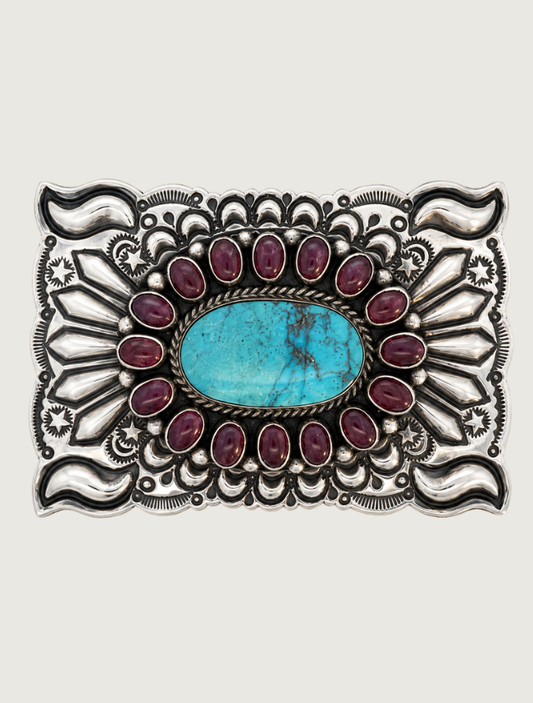 Kingman Turquoise & Purple Spiny Oyster Shell Silver Belt Buckle