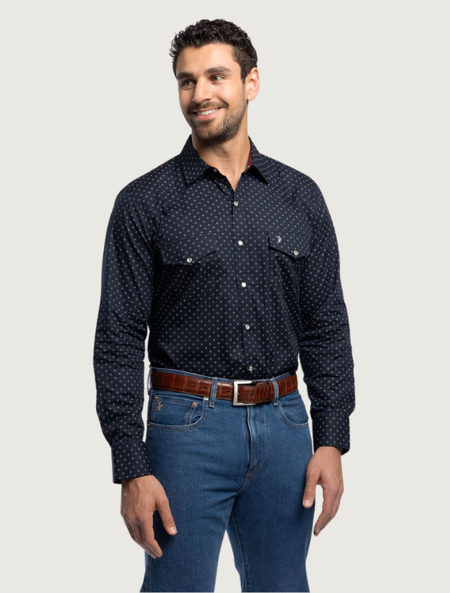 Tony Lama Navy Floral Print Pearl Snap Western Shirt