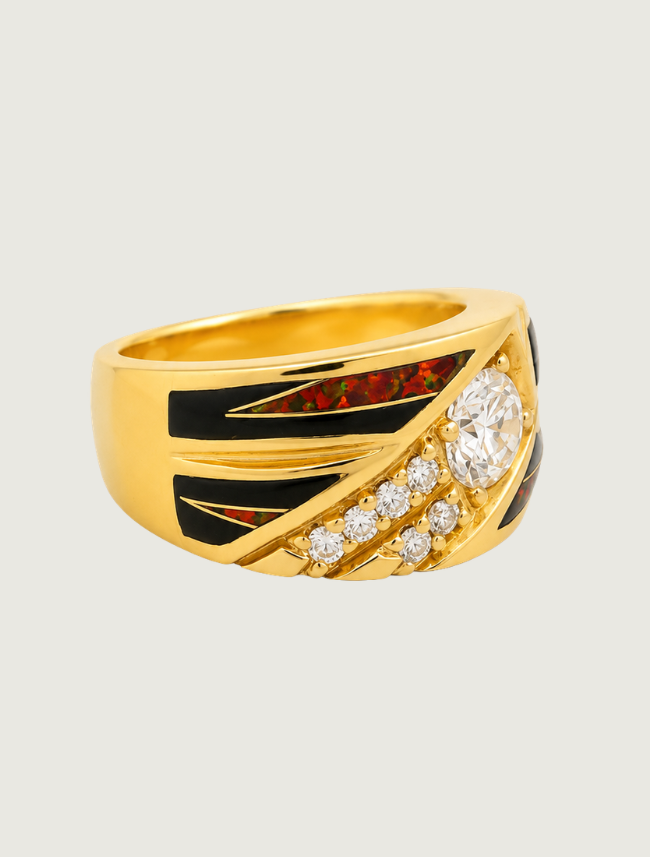 14K Yellow Gold Diamond, Black Jade, & Red Opal Ring