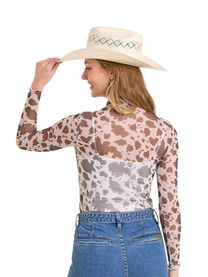 Rock & Roll Denim Women's Cow Print Mesh Top