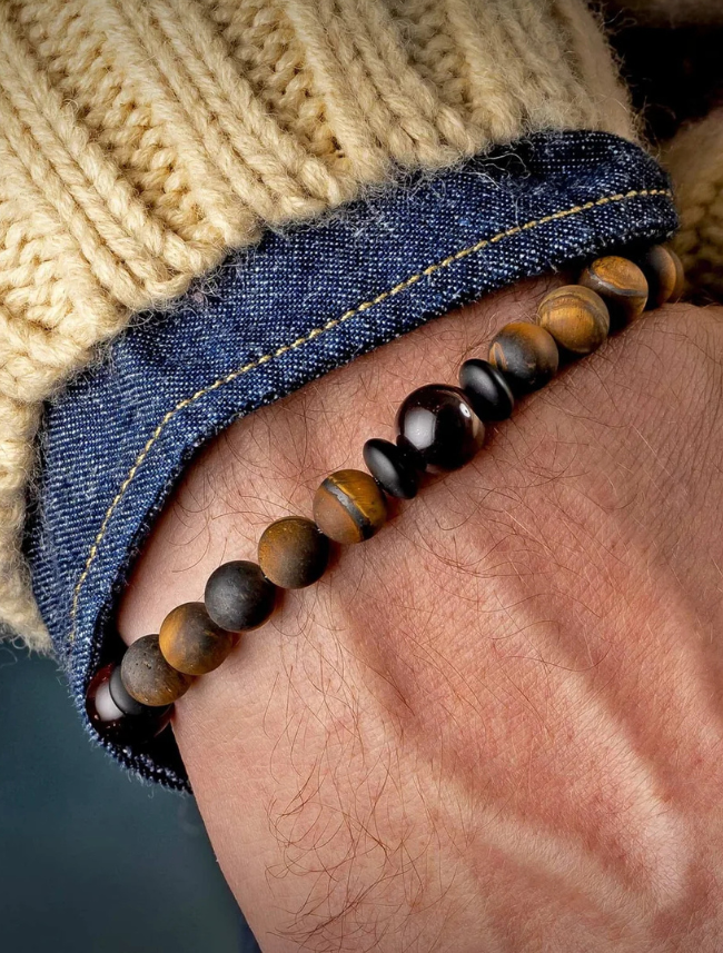 William Henry Beaded Bracelet with Red Tiger's Eye, Frosted Black Onyx, and Sterling Silver