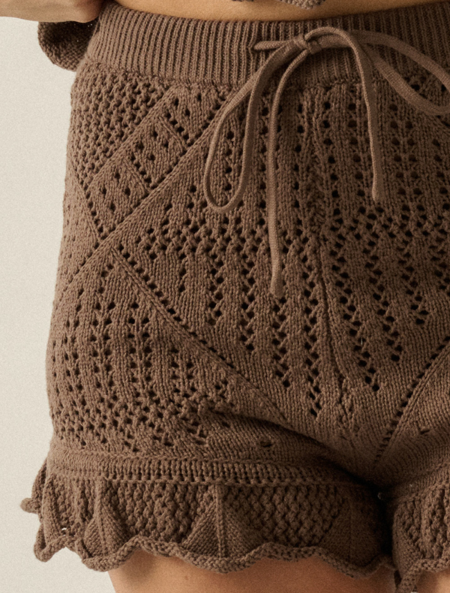 Promesa Pointelle Crochet-Knit Ruffle Hem Shorts