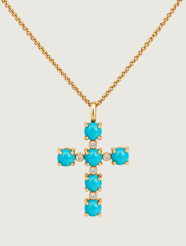14K Yellow Gold Turquoise & Diamond Cross Pendant