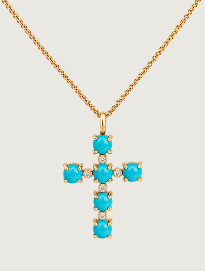 14K Yellow Gold Turquoise & Diamond Cross Pendant