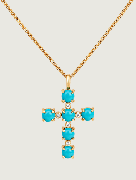 14K Yellow Gold Turquoise & Diamond Cross Pendant